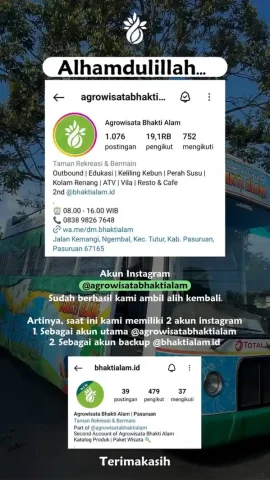 Pengumuman Akun Instagram Utama Agrowisata Bhakti Alam Sudah Aman dan Akun Instagram Bhaktialam.id Sebagai Akun Kedua
